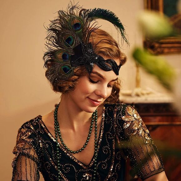 1920s Flapper Headpiece Peacock Feather Headband - Picture 2 of 4
